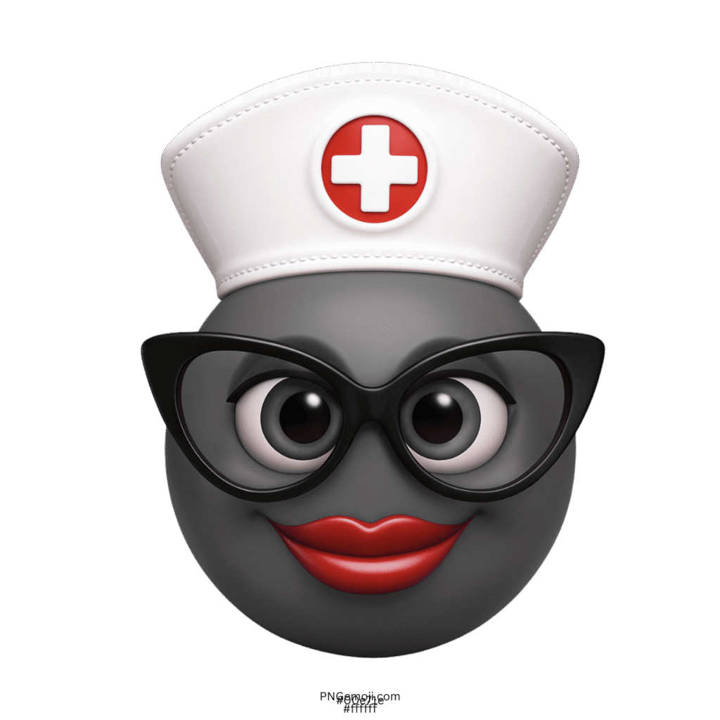 Gray nurse emoji face wearing black glasses and white nurse cap
