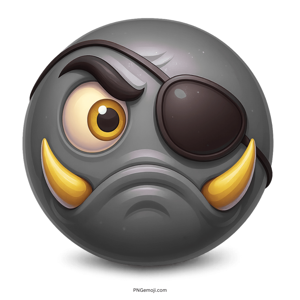 Grumpy gray monster emoji with eyepatch, tusks and angry pirate look