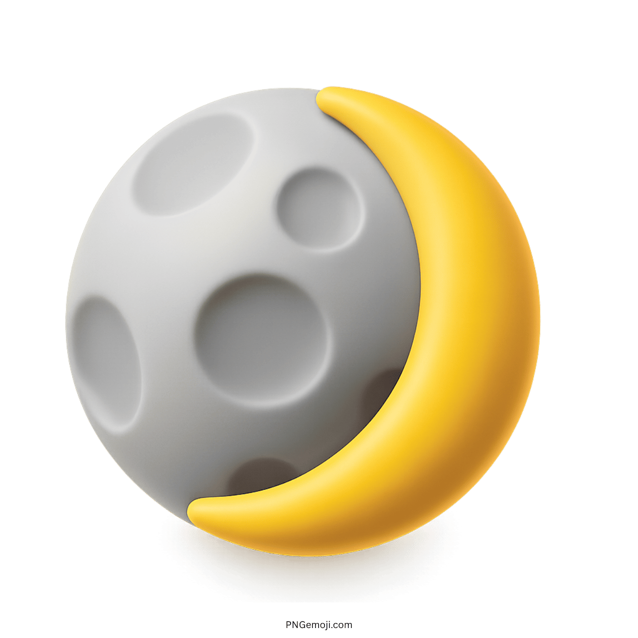3D gray waxing crescent moon emoji with cratered texture and golden crescent shape
