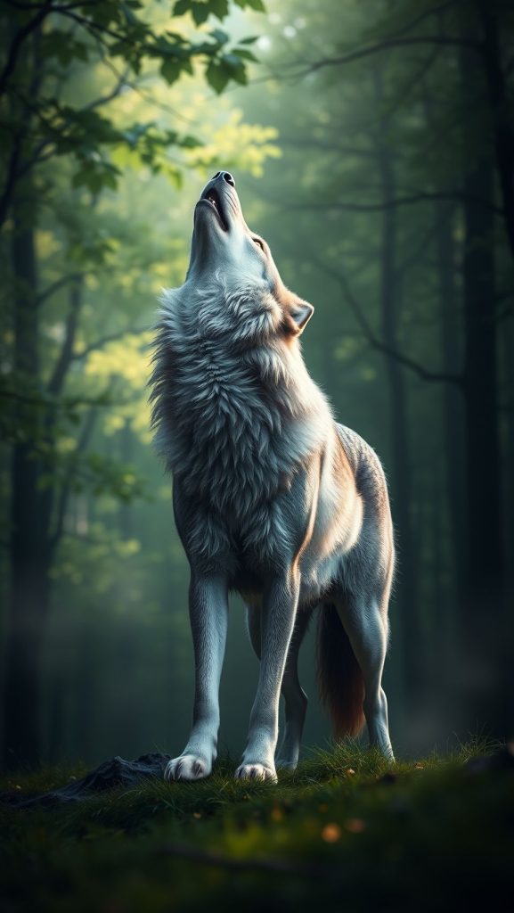 Majestic gray wolf howling in a serene forest with soft sunlight filtering through trees.
