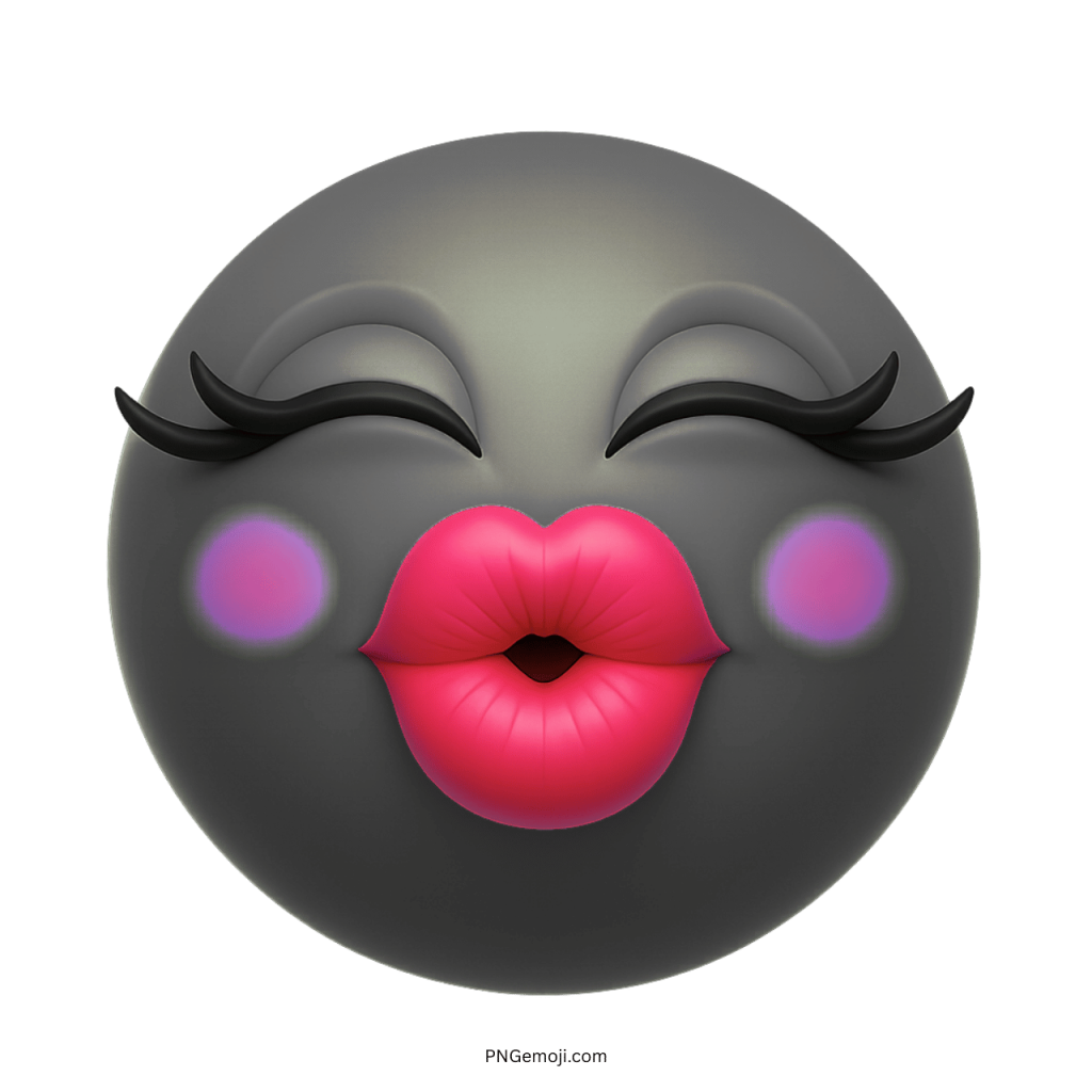 D black face emoji with long eyelashes, pink blush cheeks, and puckered red lips giving a big kiss