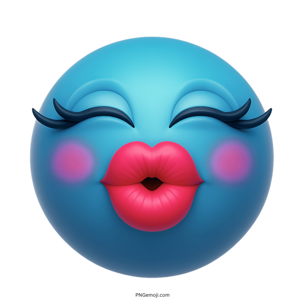 Blue emoji face blowing a kiss with pink lips and long eyelashes