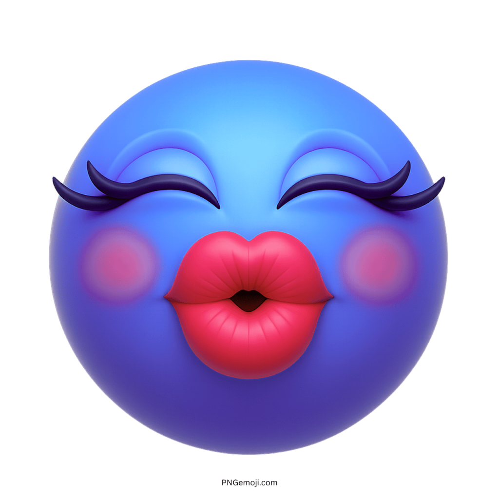 3D blue face emoji with long eyelashes, blushing cheeks, and puckered red lips giving a big kiss