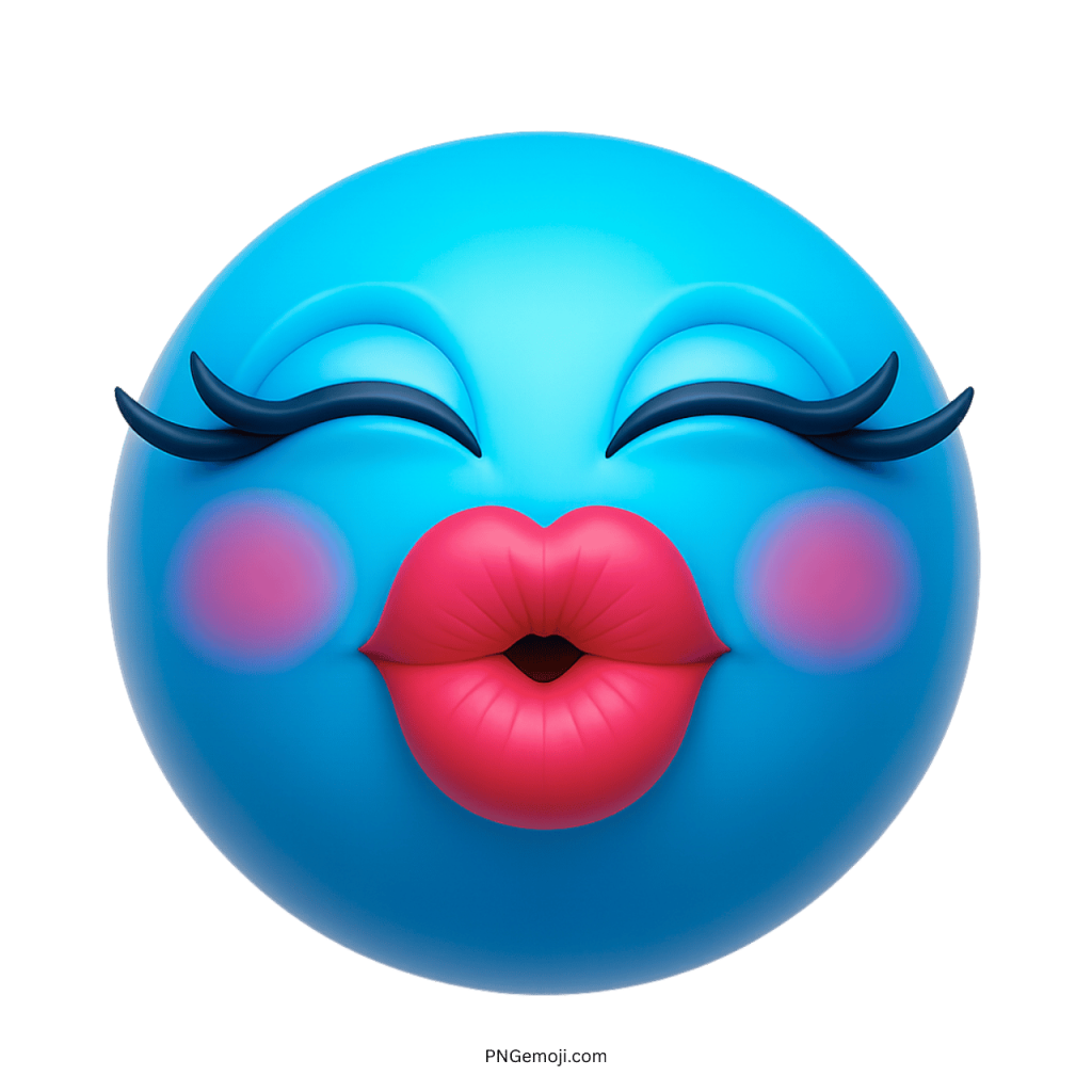 3D blue face emoji with long eyelashes, pink blush cheeks, and puckered red lips giving a big kiss