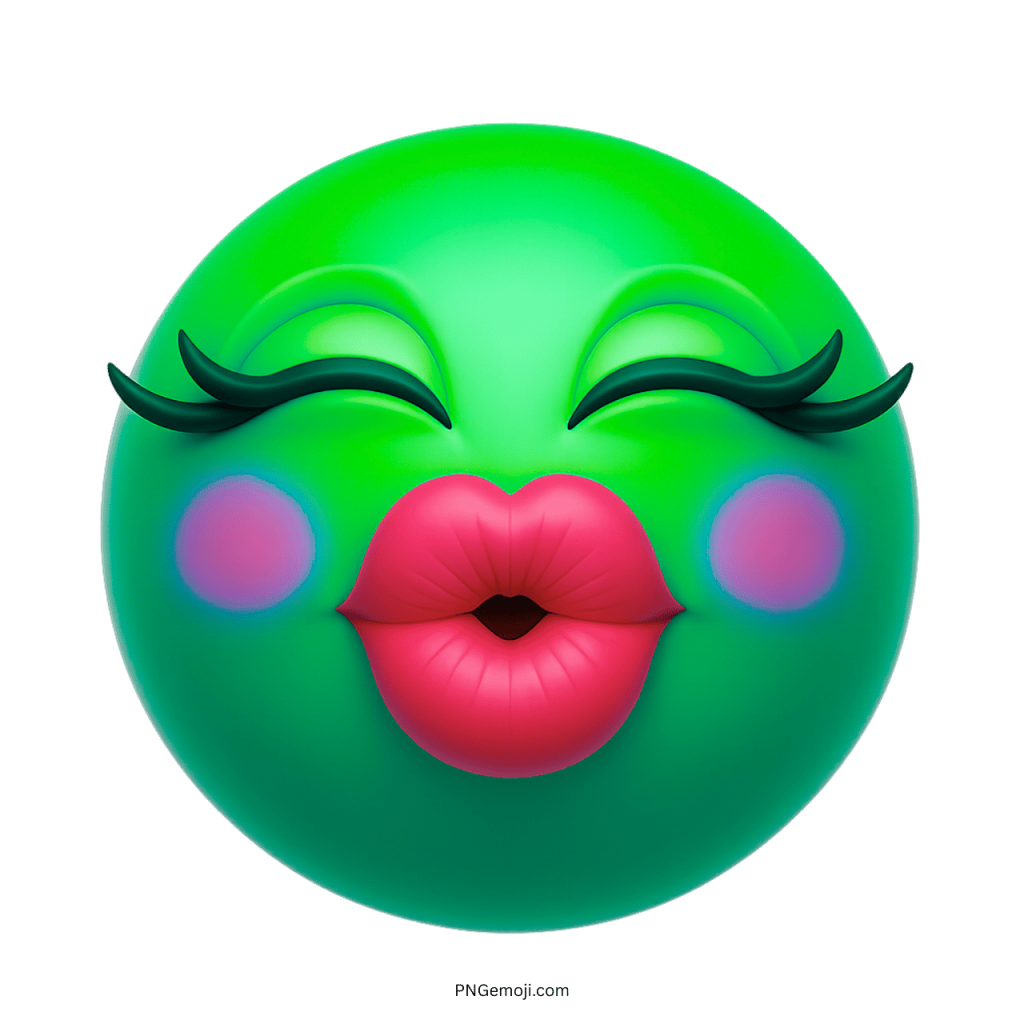 3D green face emoji with long eyelashes, pink blush cheeks, and puckered red lips giving a big kiss