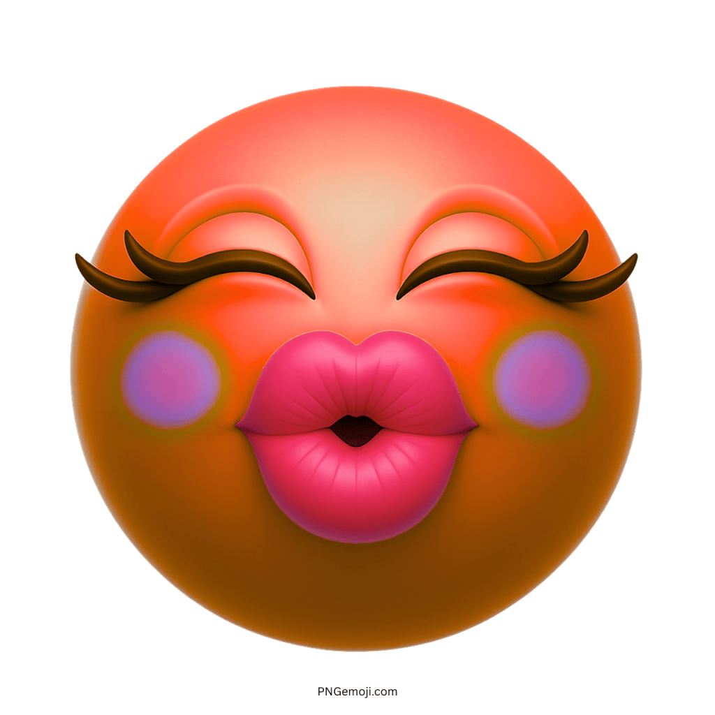 3D orange face emoji with long eyelashes, pink blush cheeks, and puckered red lips giving a big kiss