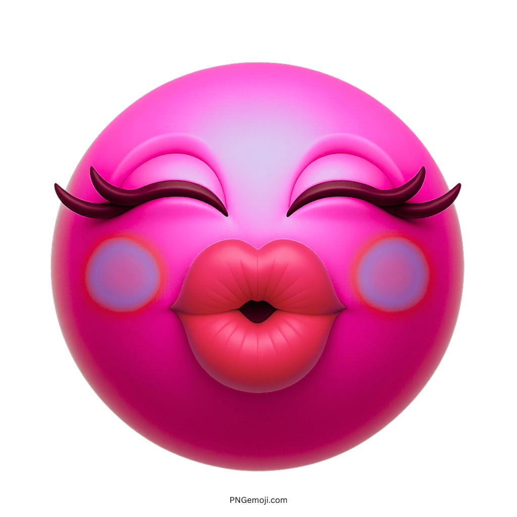 3D pink face emoji with long eyelashes, blush cheeks, and puckered red lips giving a big kiss