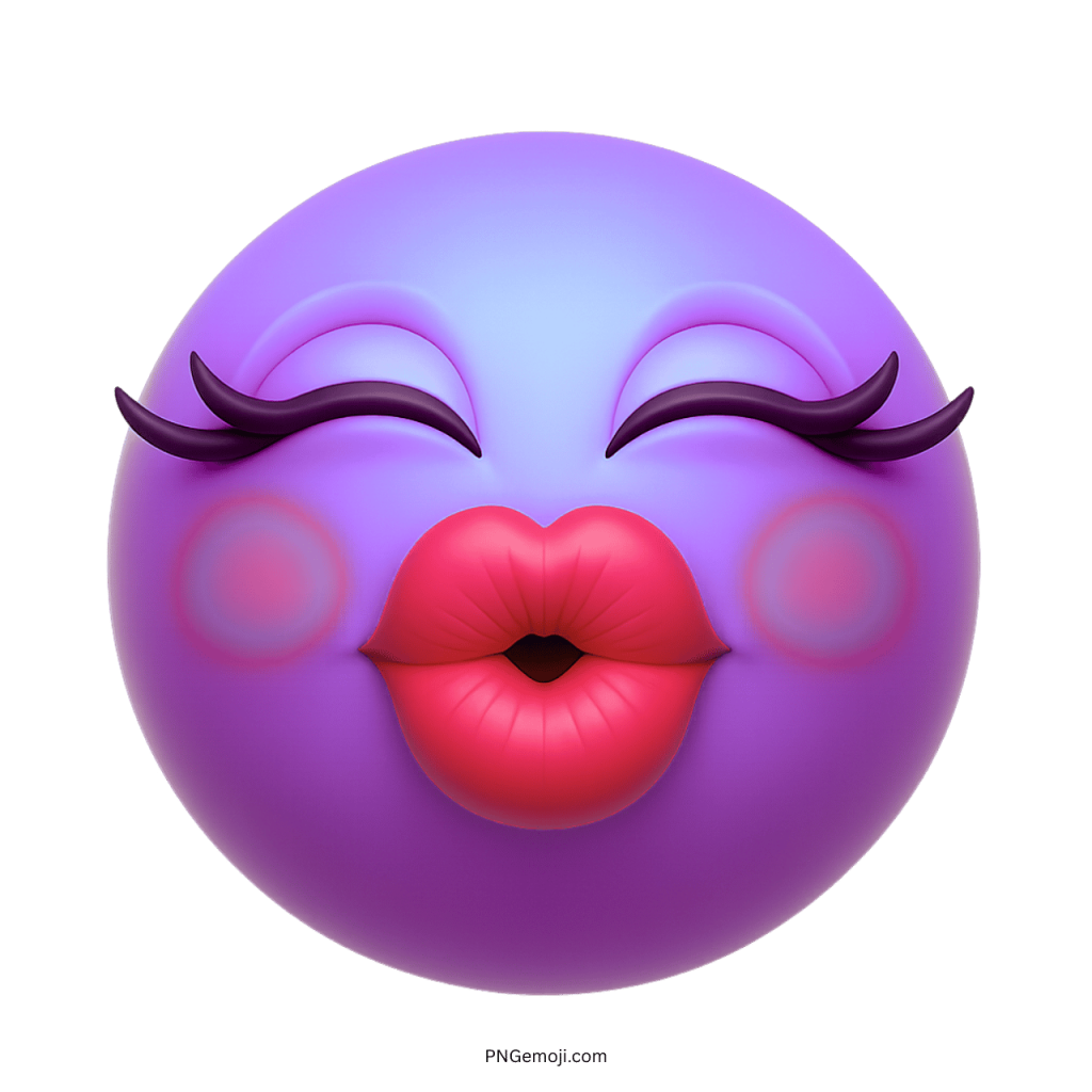 3D purple face emoji with long eyelashes, rosy cheeks, and bright red puckered lips giving a kiss