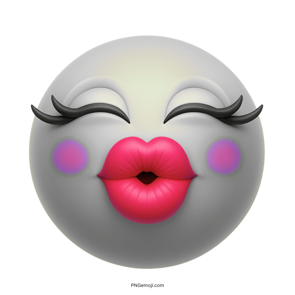 3D white face emoji with long eyelashes, pink blush cheeks, and puckered red lips giving a big kiss