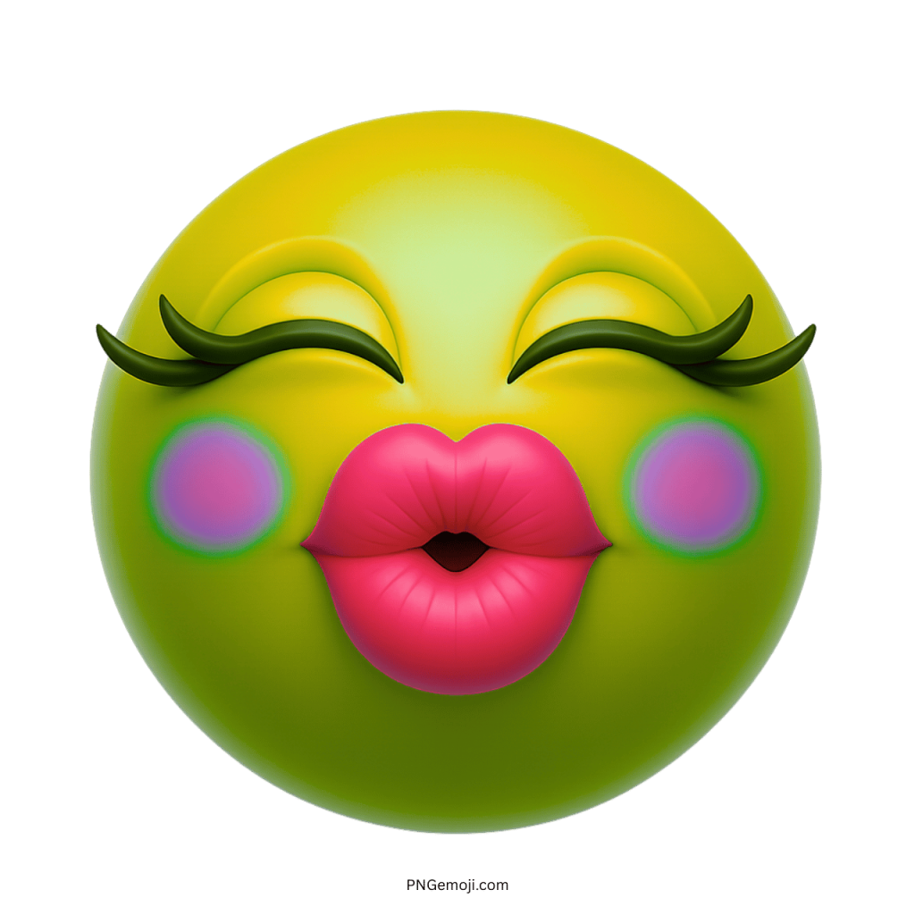 3D yellow face emoji with long eyelashes, pink blush cheeks, and puckered red lips giving a big kiss