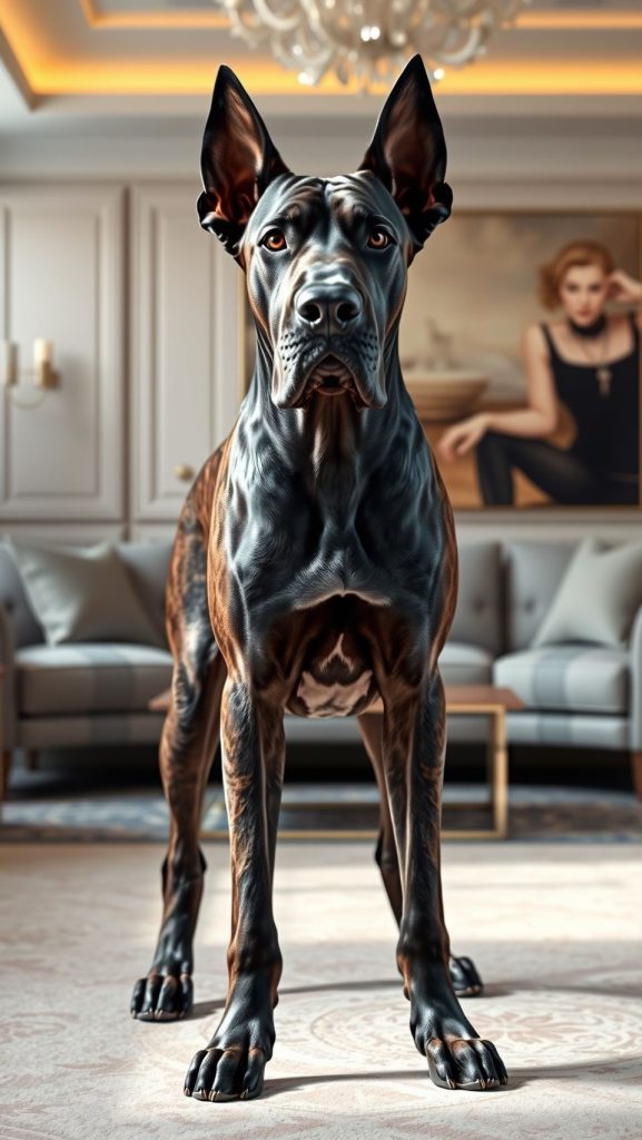 Majestic Great Dane standing proudly in luxurious modern living room wallpaper design