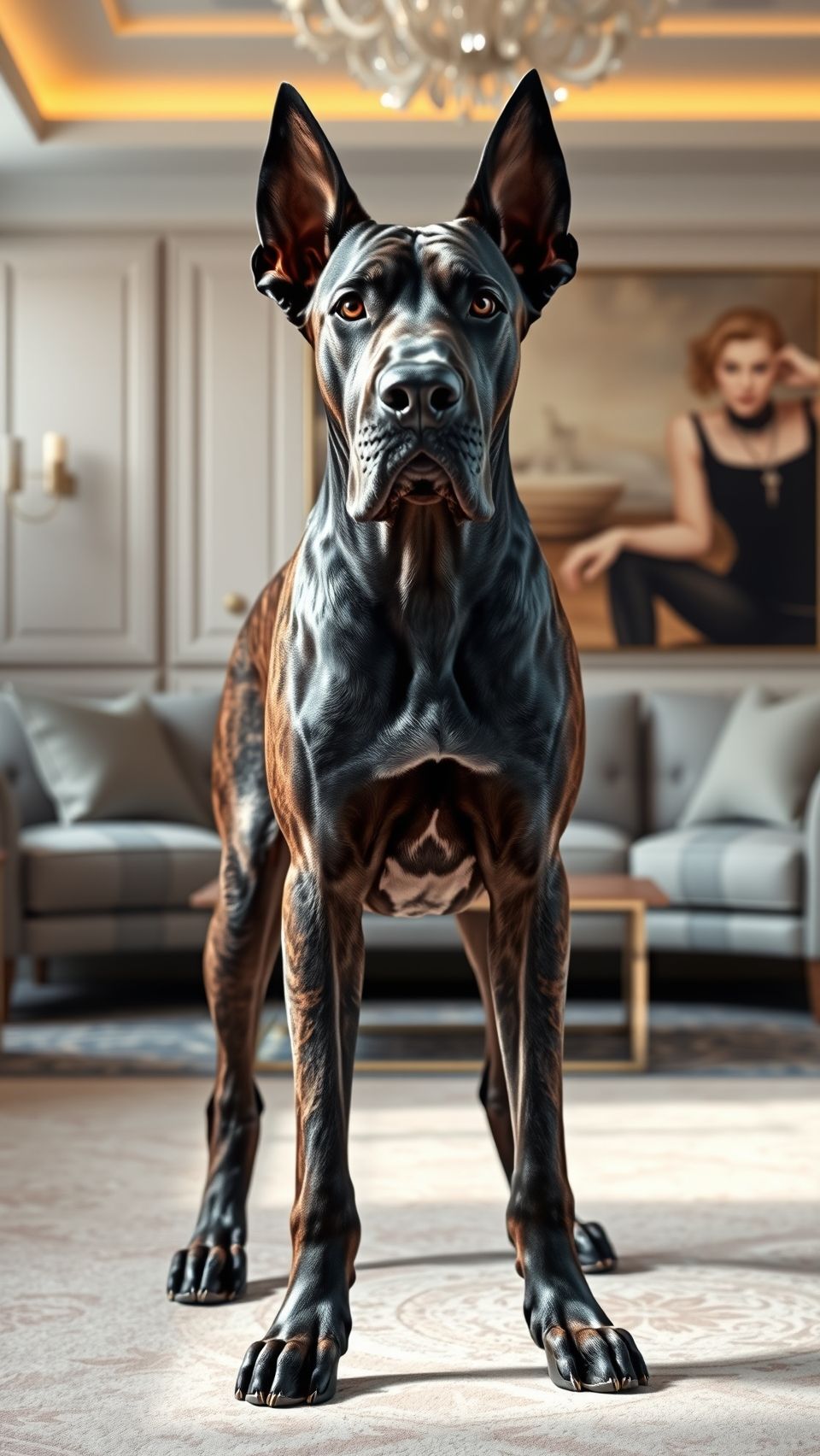 Majestic Great Dane standing proudly in luxurious modern living room wallpaper design