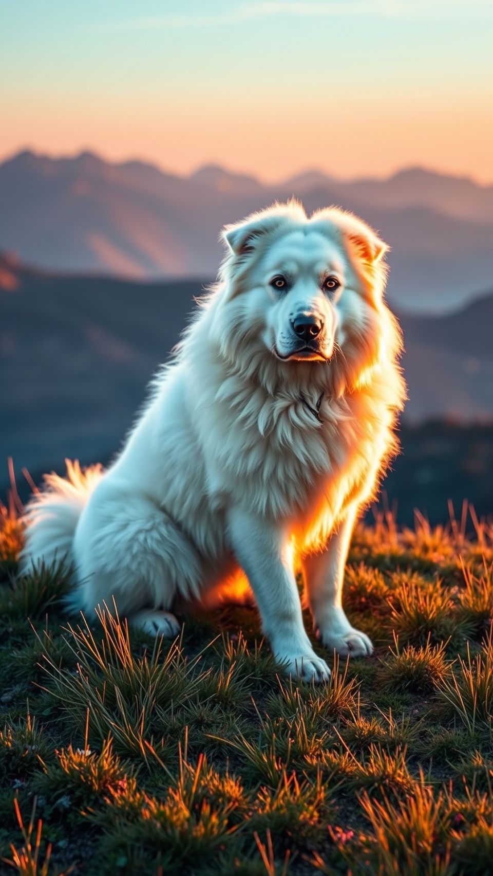 Majestic Great Pyrenees dog sitting on grassy hilltop during golden sunset in mountains