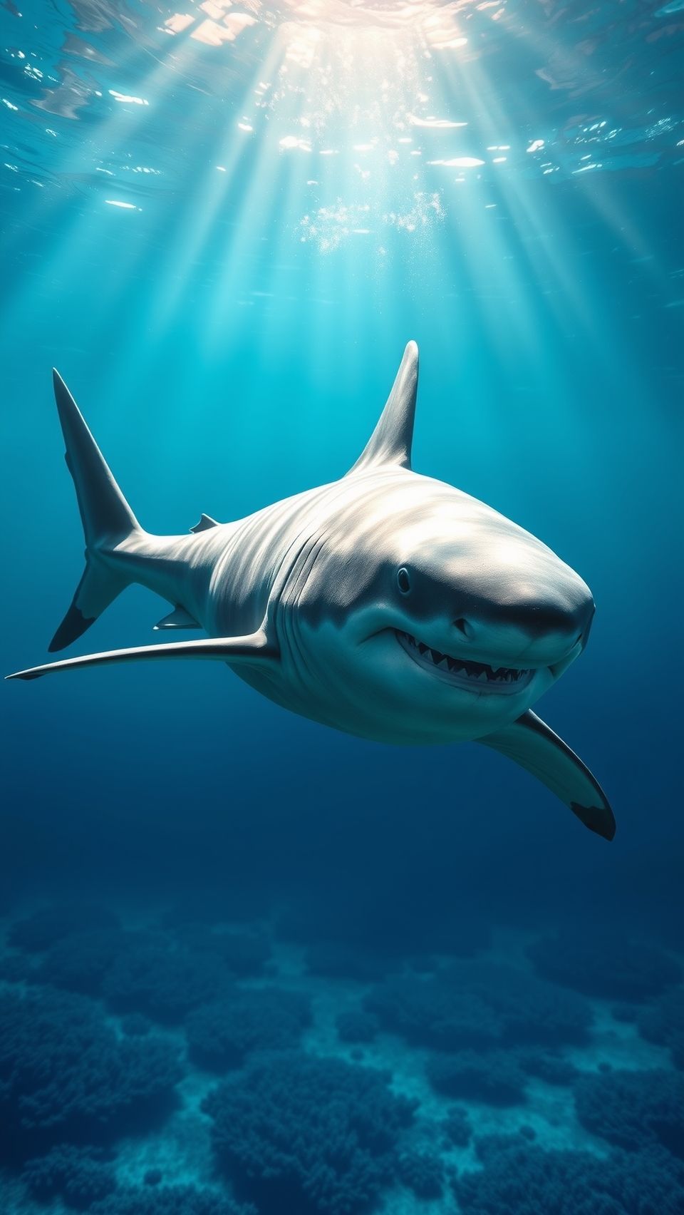 Realistic great white shark swimming in clear blue ocean with sunlight filtering through water.