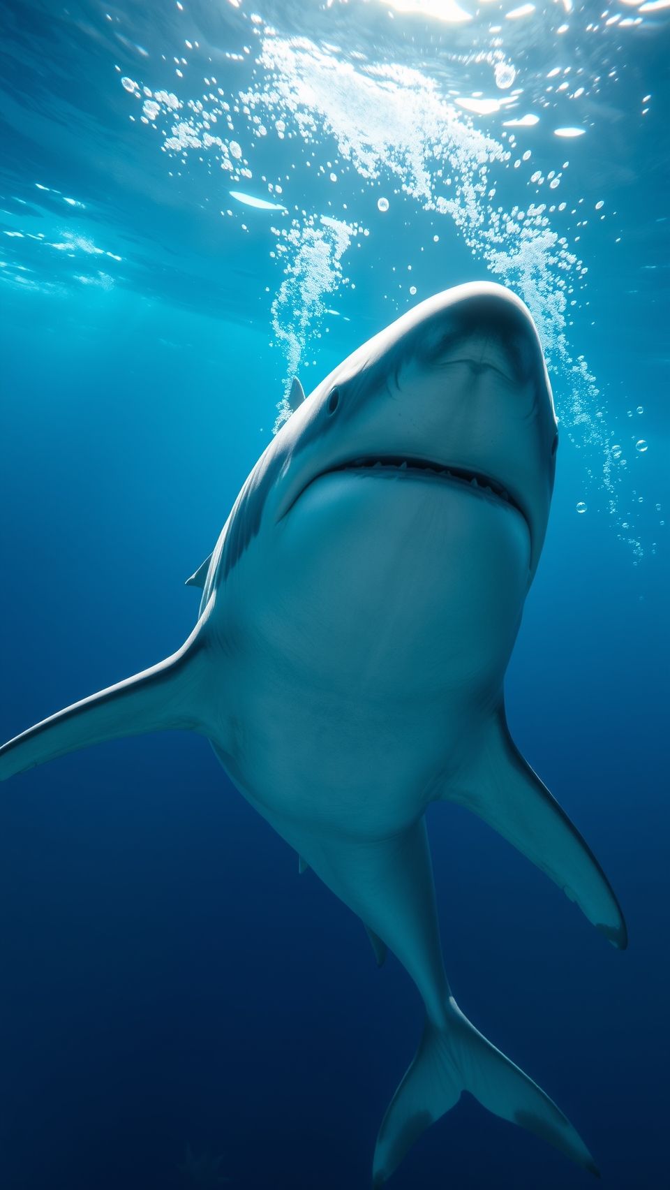Great White Shark swimming in deep blue ocean waters, captured underwater with bubbles