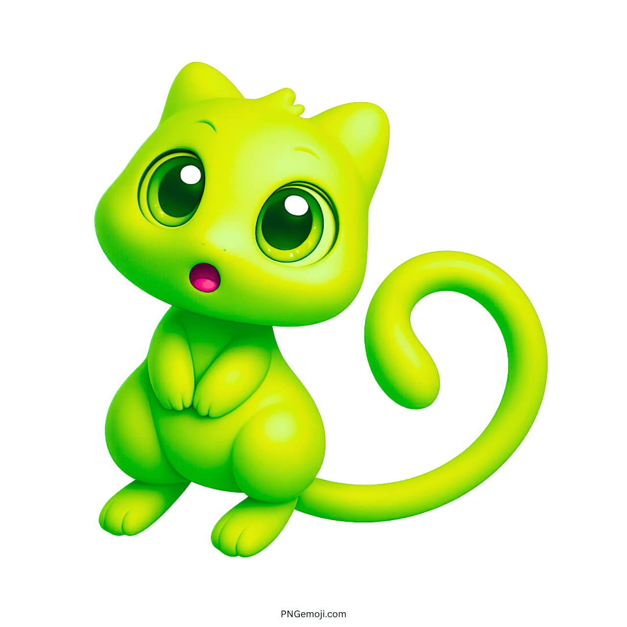 Bright green 3D Mew emoji with big green eyes and surprised facial expression