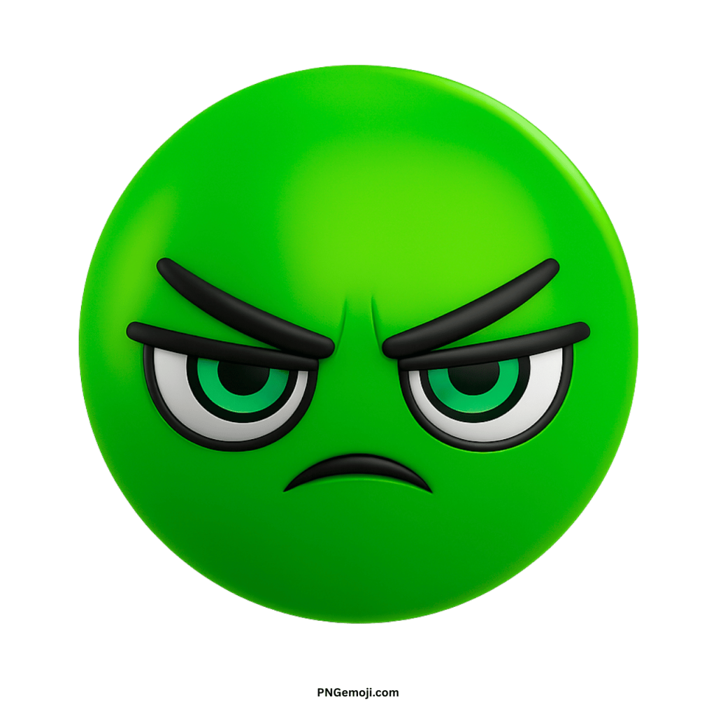 Green angry emoji face with glaring eyes, furrowed brows, and frown on transparent PNG background
