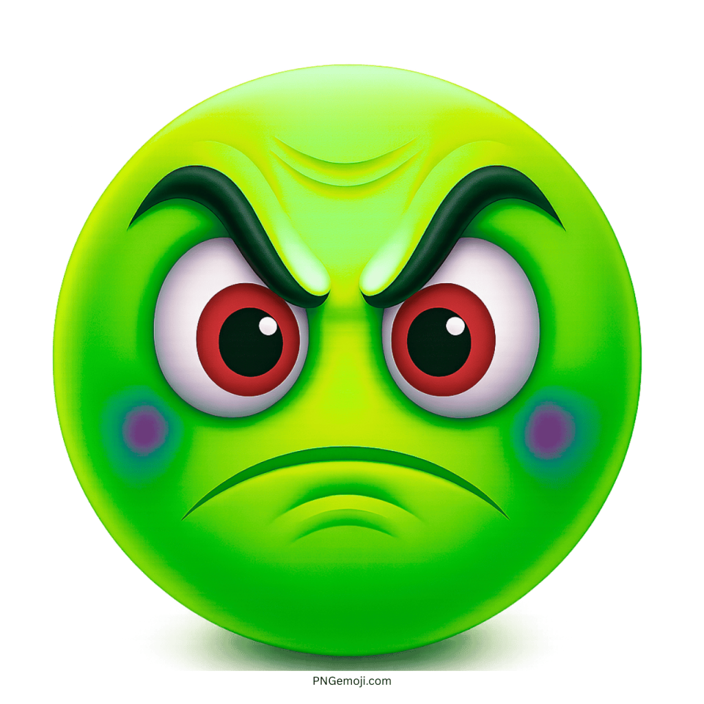 Green angry emoji with red eyes and intense frowning expression