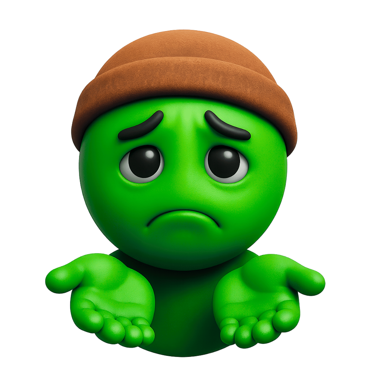Green beggar emoji wearing brown hat showing sadness with open empty hands