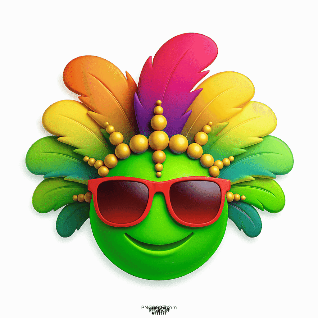 Green carnival smiley emoji with rainbow feathers and red sunglasses crown