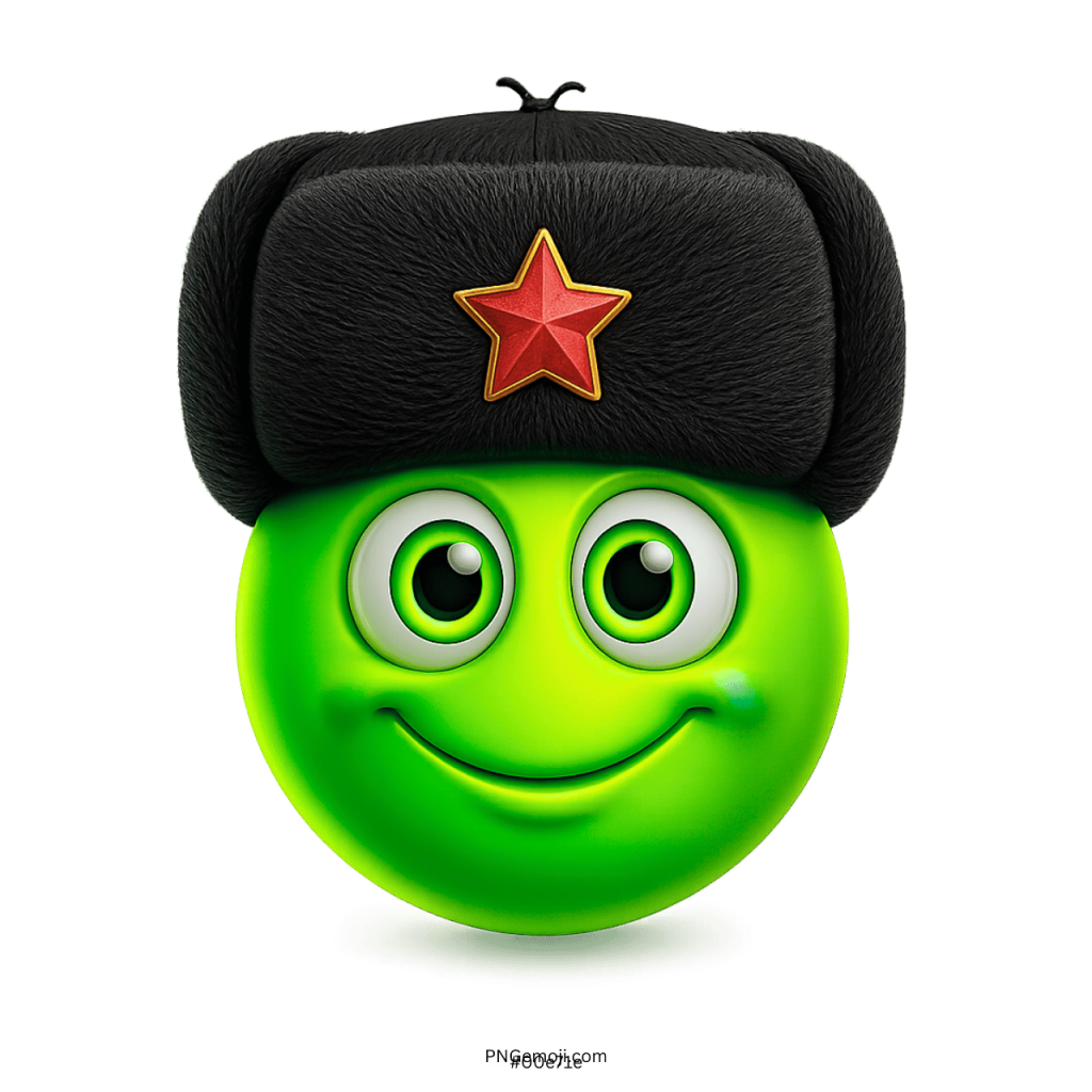 Green smiley face emoji wearing furry hat with red star symbol