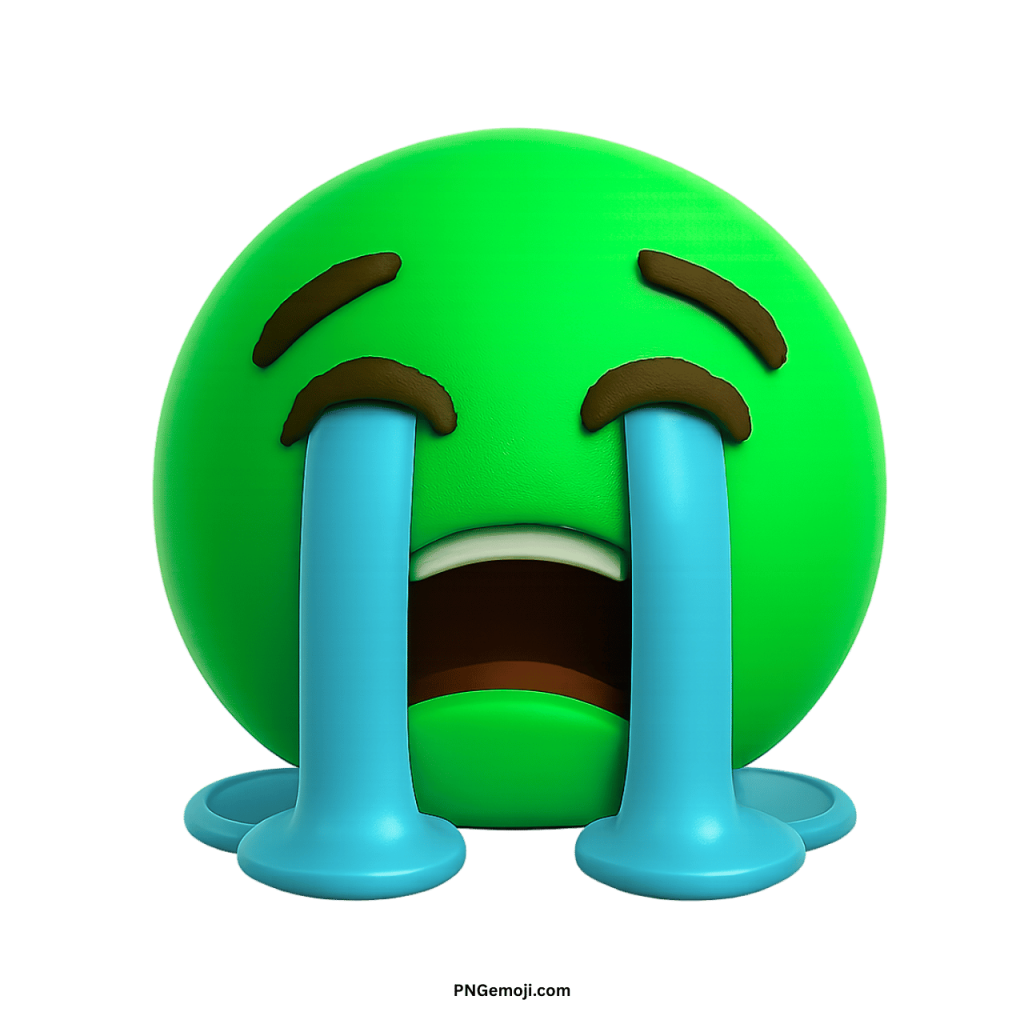 3D green crying emoji with streaming blue tears and sad emotional expression