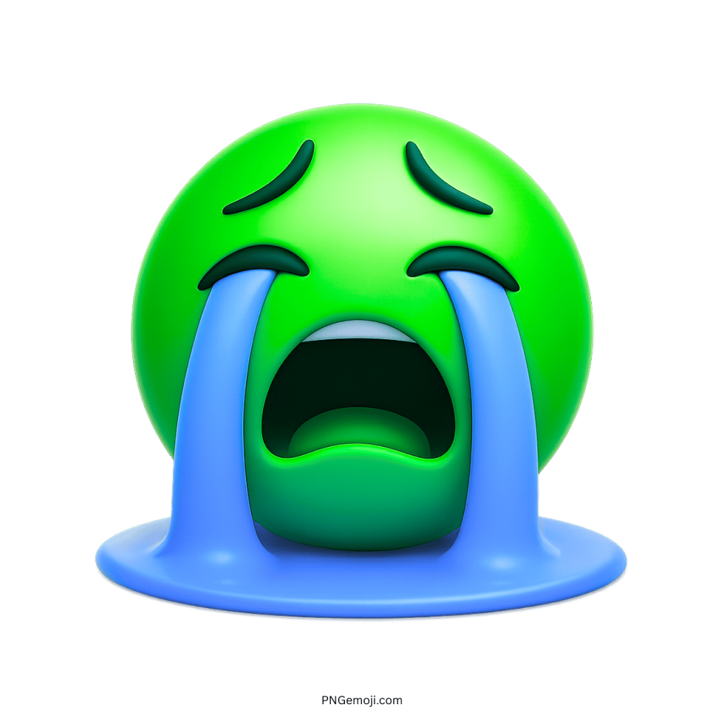 green 3D emoji crying hard with blue tears forming big puddle below
