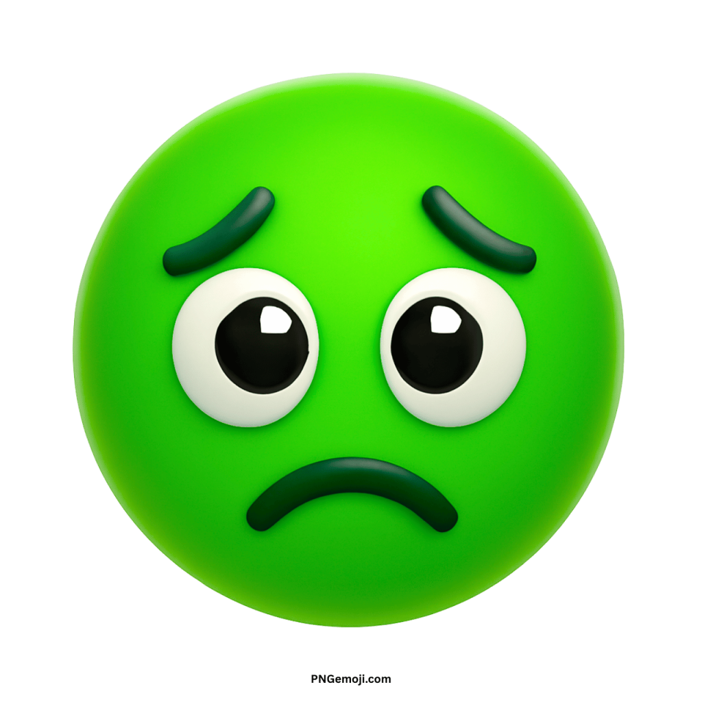 Green disappointed face emoji with big sad eyes and a frowning mouth showing regret