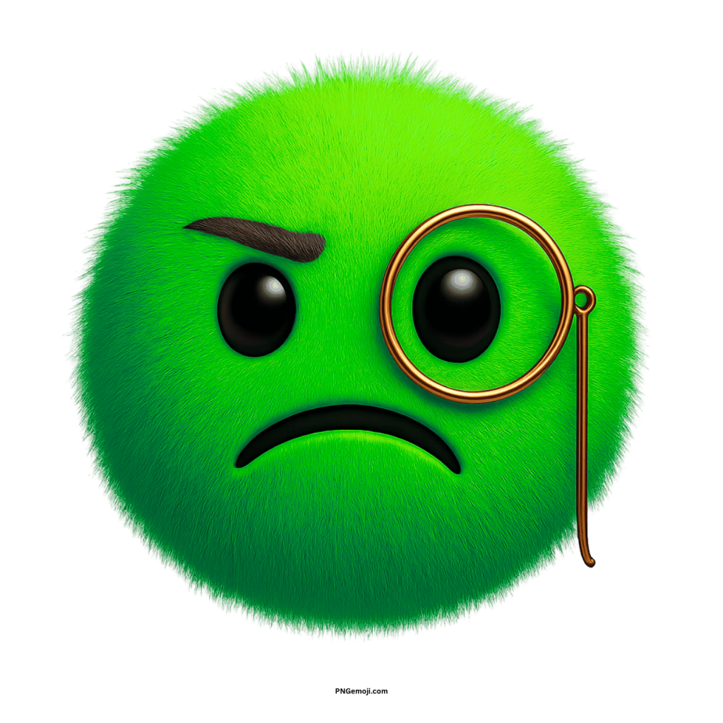 Green furry emoji with monocle and serious cartoon expression showing thoughtful or judging mood