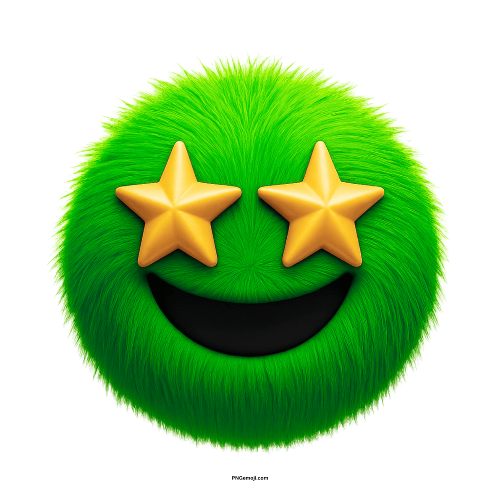 Green furry emoji with golden star eyes and wide happy smile on transparent background