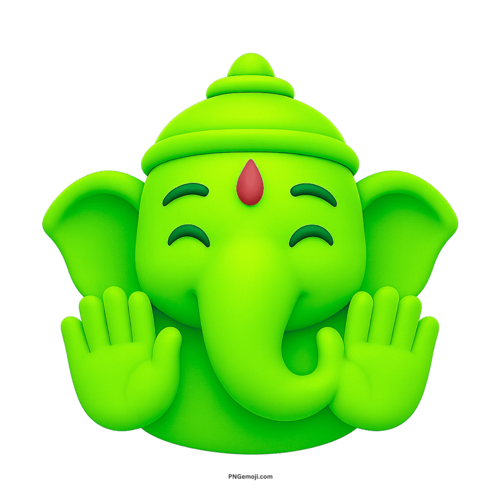 Green Ganesh emoji with smiling face, red tilak, raised hands and cartoon design