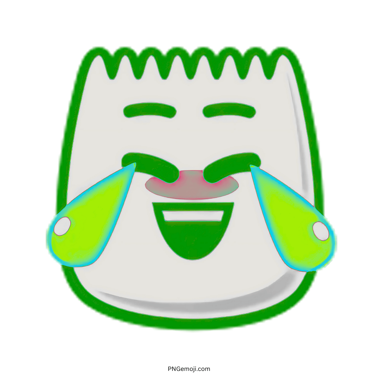 Green laughing TikTok emoji crying face with tears, funny cartoon style transparent PNG