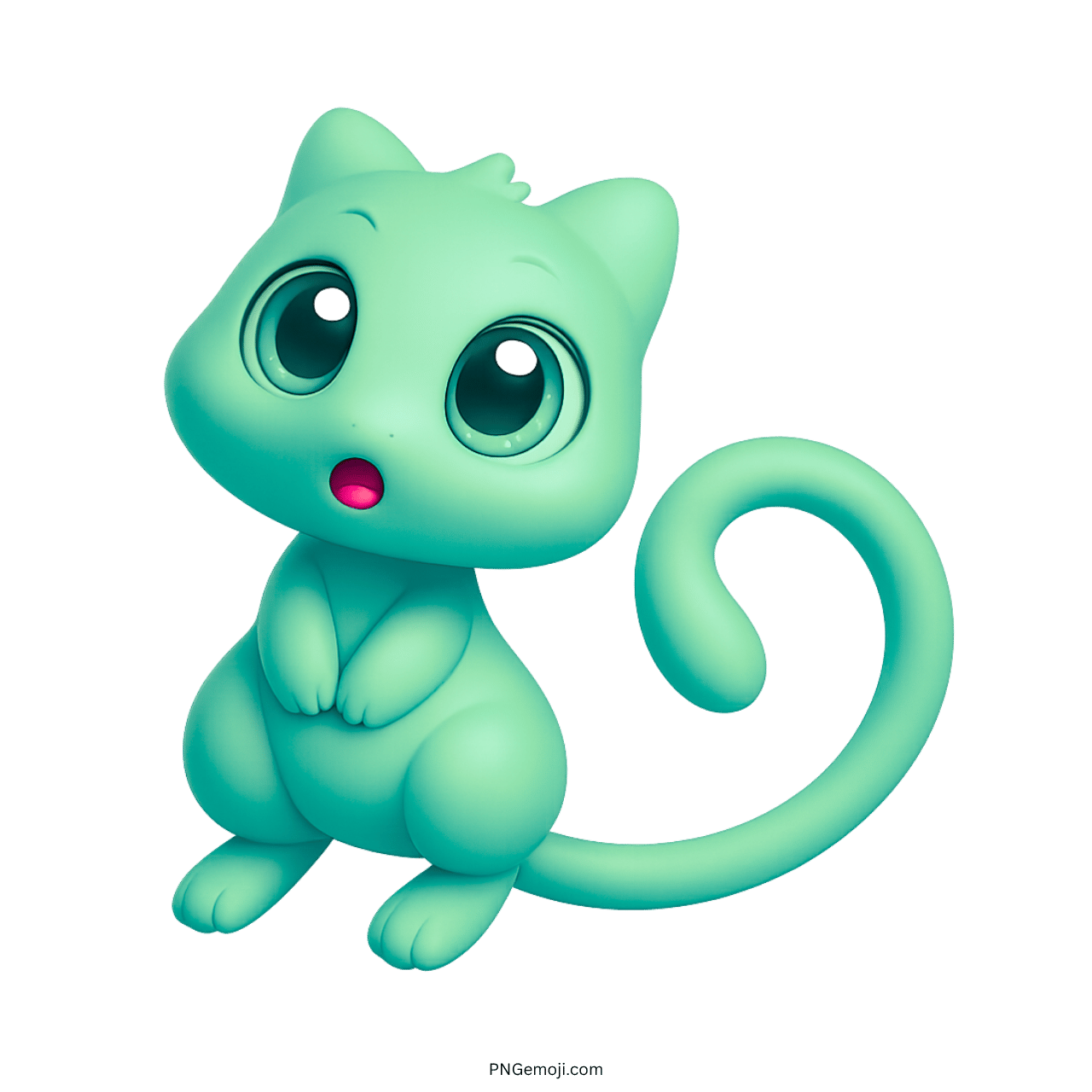 Cute green Mew emoji cat with big eyes and curled tail cartoon PNG image