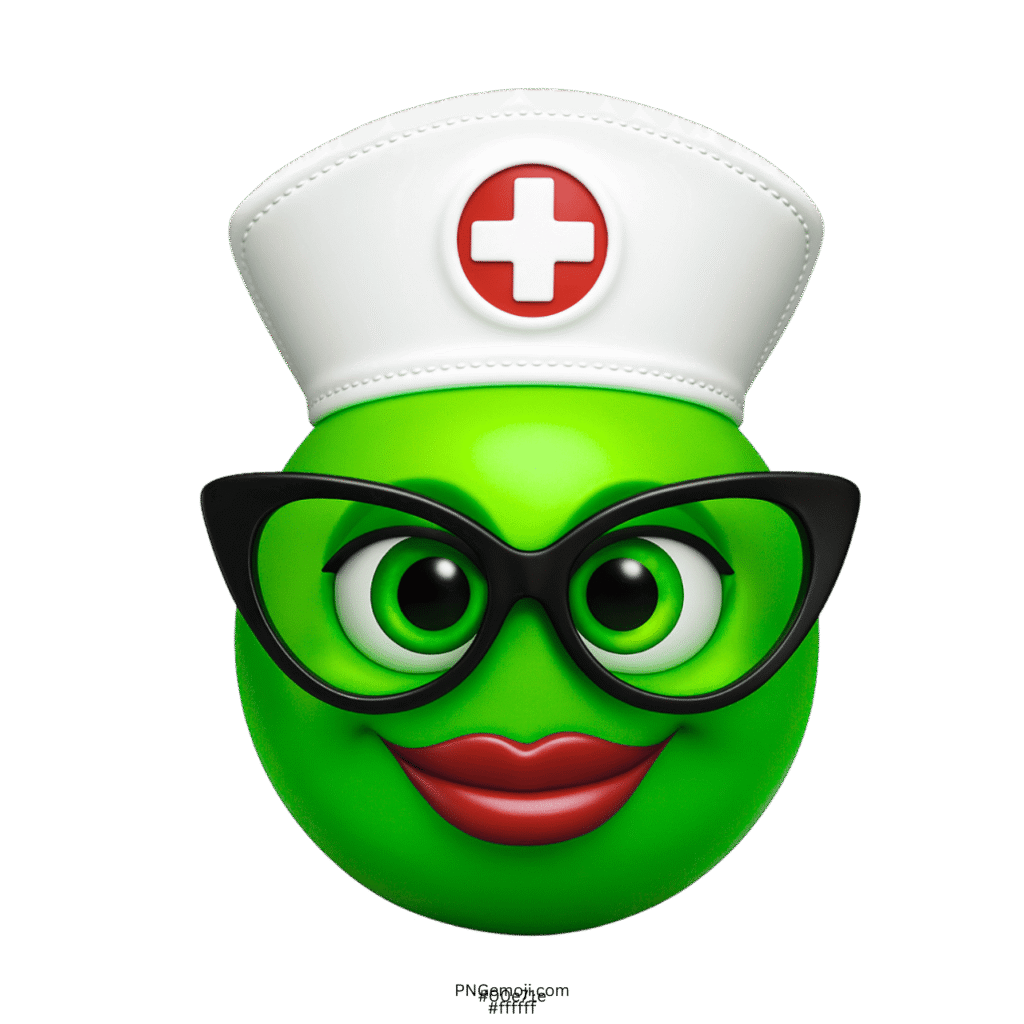 Green nurse emoji wearing black glasses and white cap with red cross