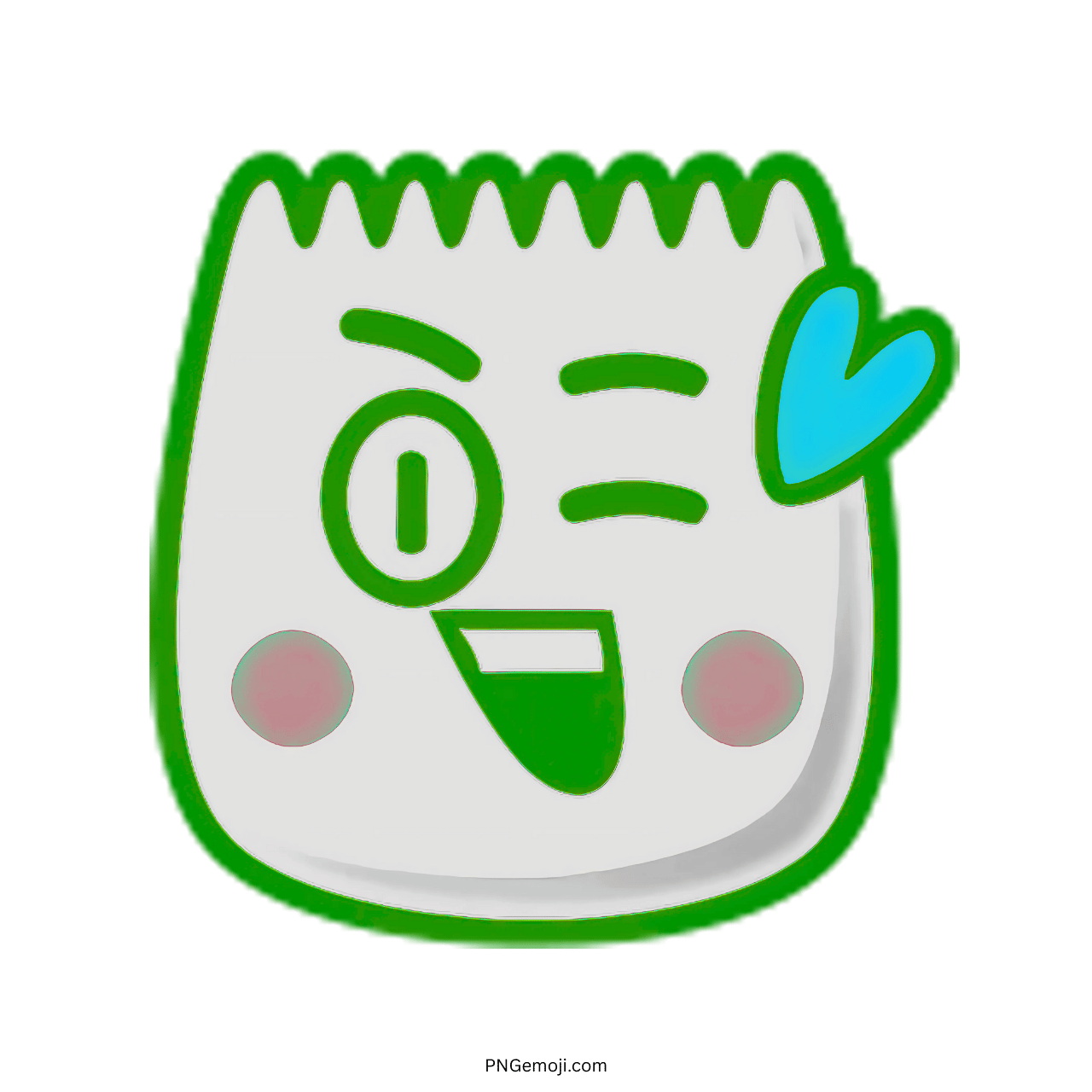 Winking Blink TikTok emoji with heart-shaped blue detail and green outline, cheerful expression.