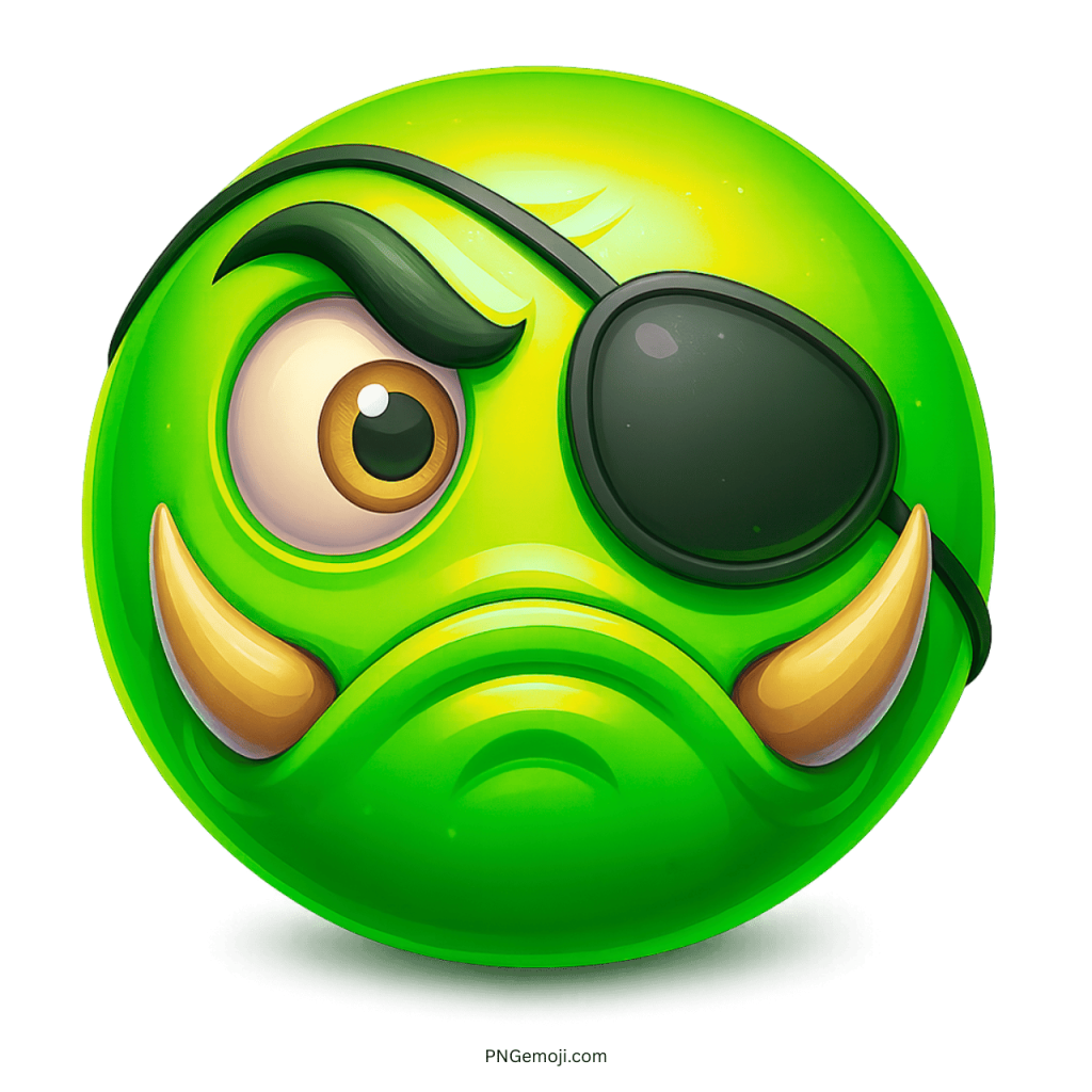 Green monster emoji with eyepatch and tusks, angry pirate cartoon face