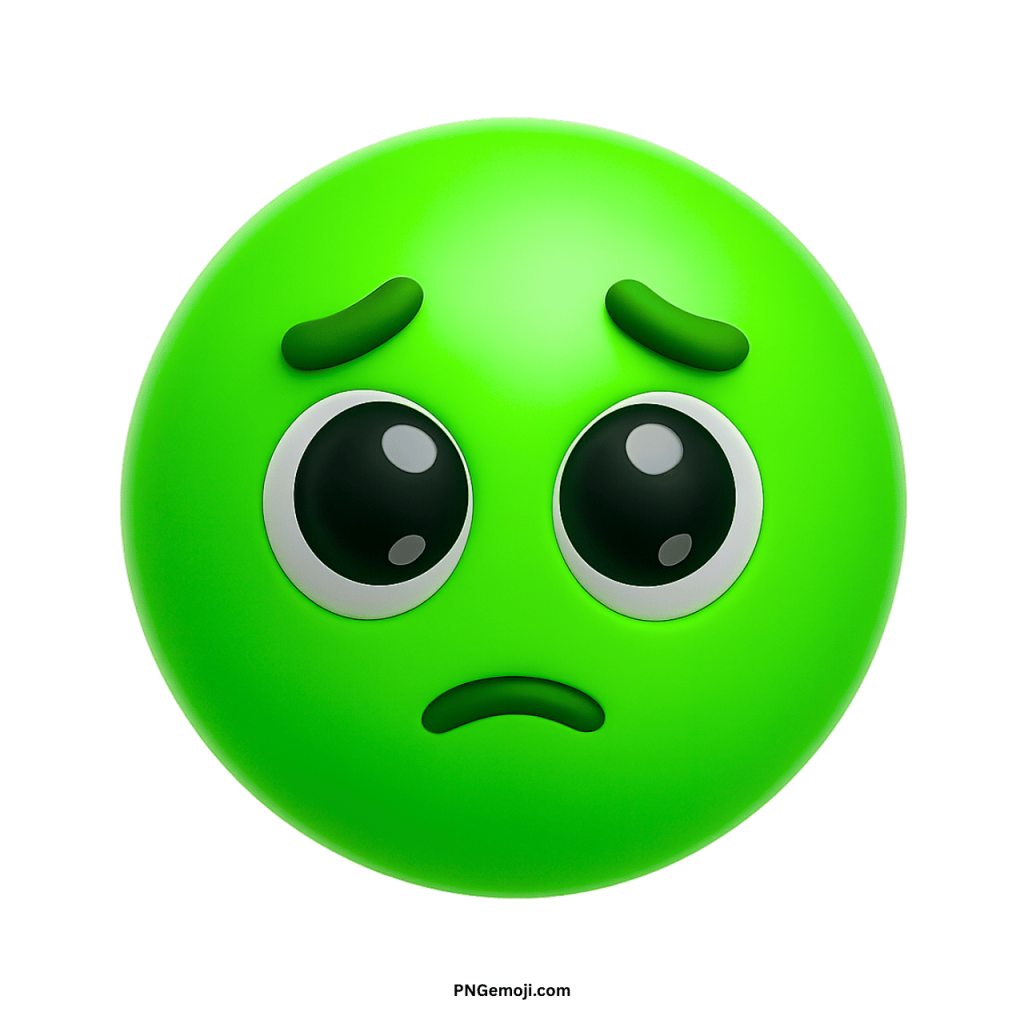 Green pleading emoji with glossy big eyes and sad expression showing emotional appeal or request