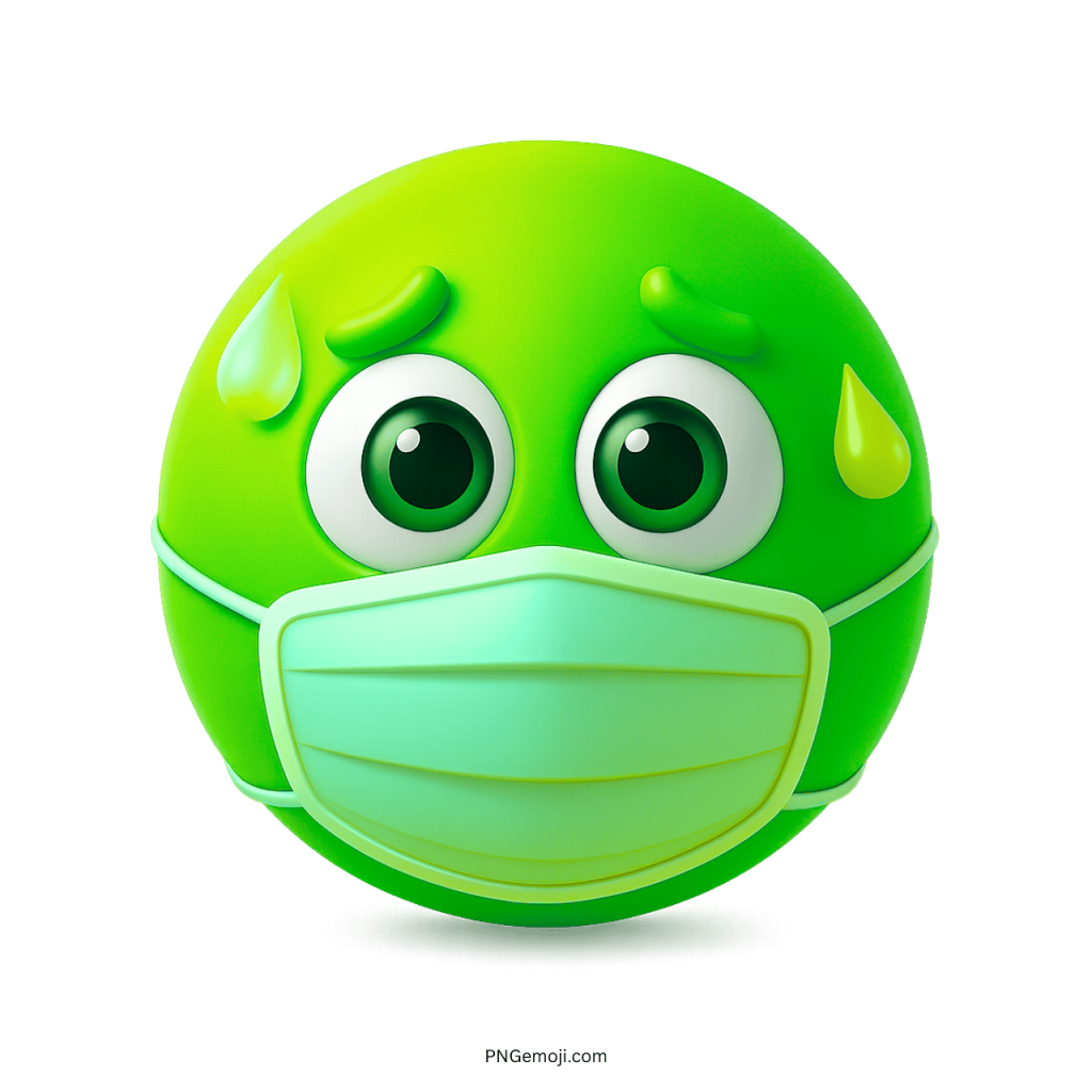 Green sick emoji wearing a medical mask with sweat drops showing illness and stress