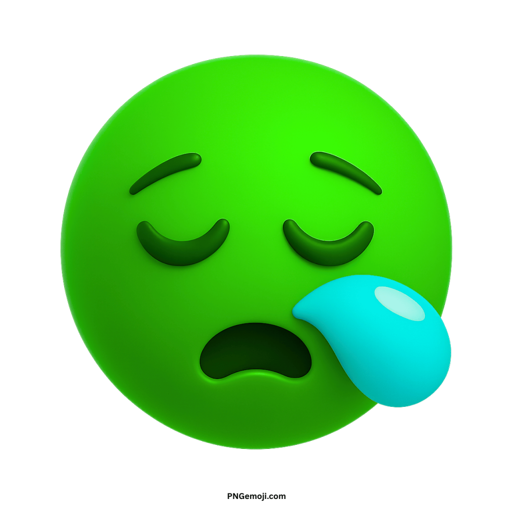 Green sleepy face emoji with closed eyes and droplet showing tiredness, sleepiness, or laziness