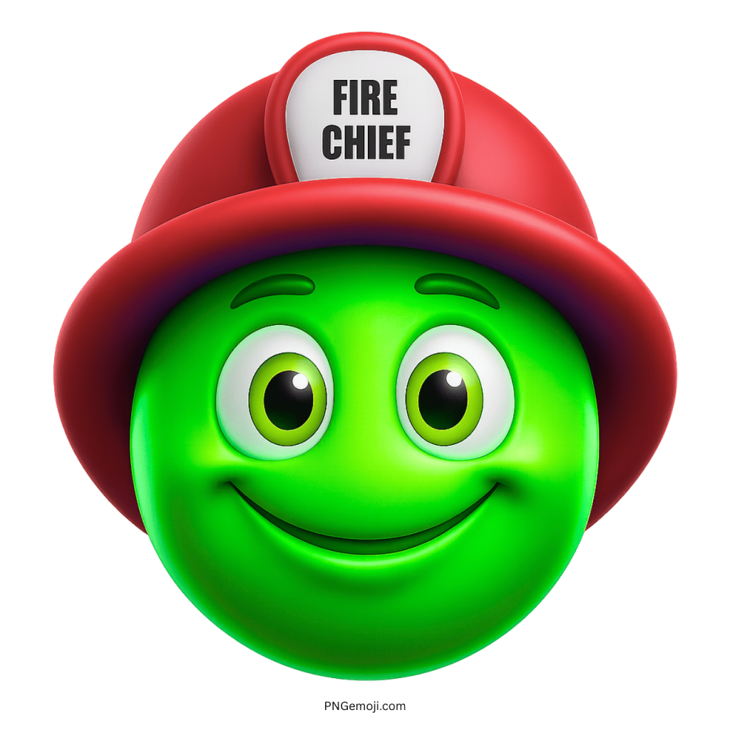 Bright green happy emoji wearing a red fire chief helmet smiling
