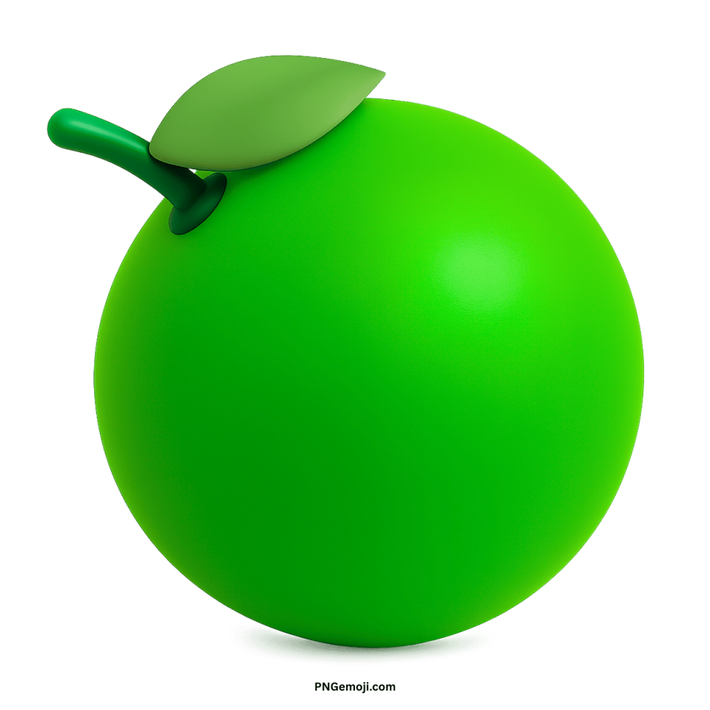 3D green tangerine emoji with leaf and stem glossy cartoon fruit design