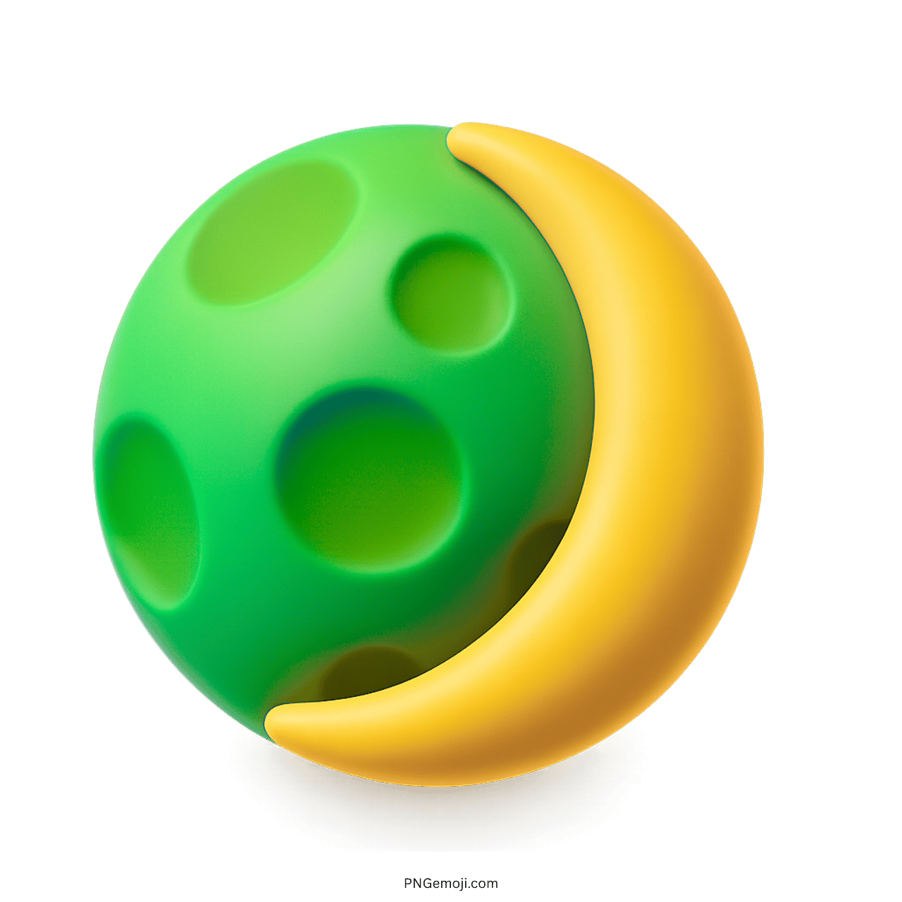 3D green waxing crescent moon emoji with yellow crescent and cratered surface design