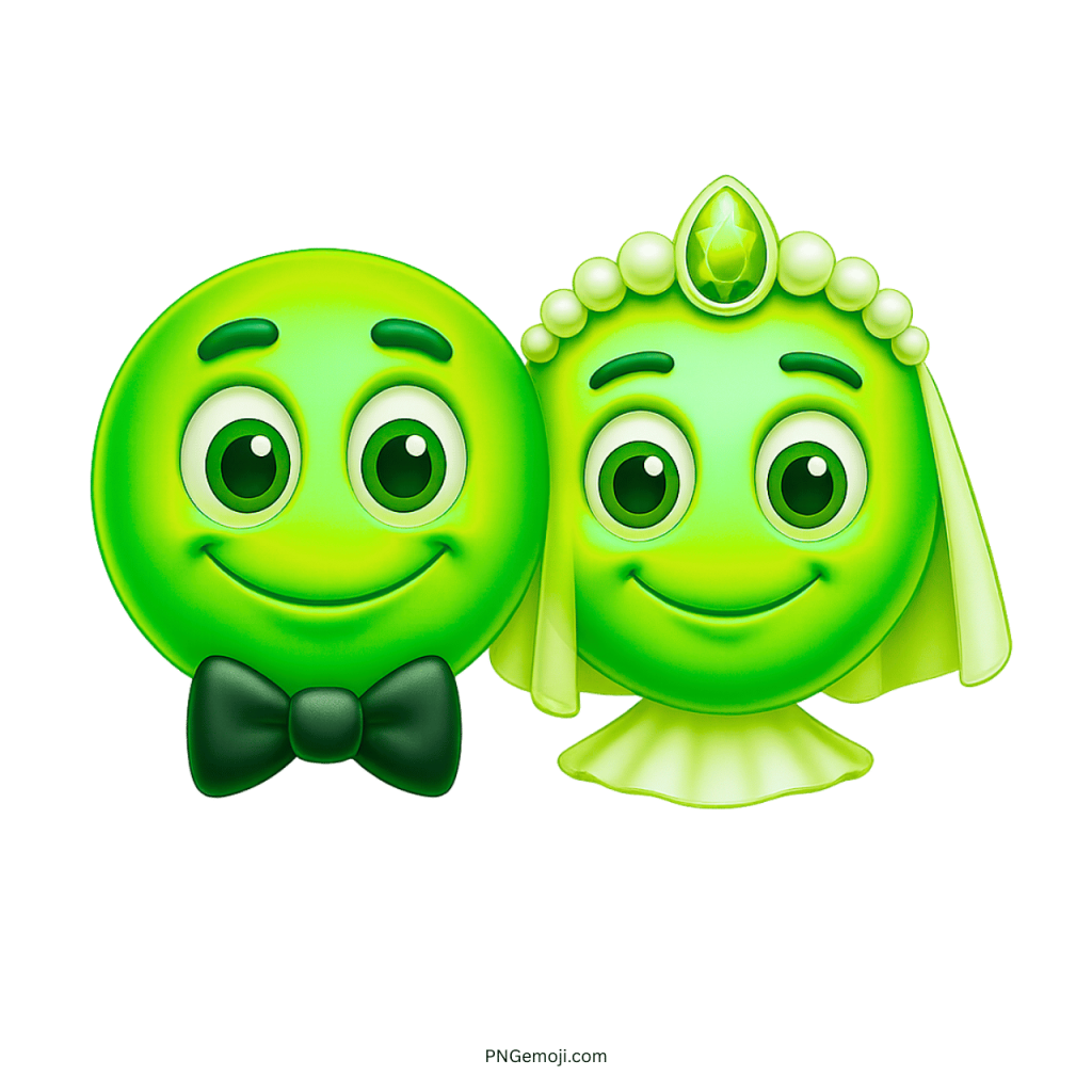 Green wedding smiley emoji couple with bride in veil and groom in bow tie