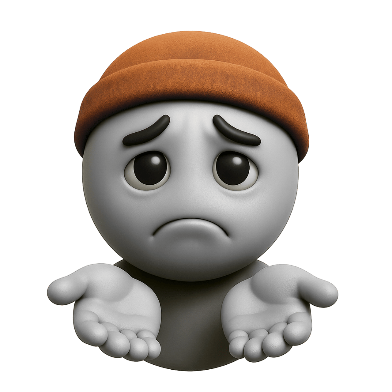 Grey sad beggar emoji wearing brown hat with empty hands showing helpless and disappointed look