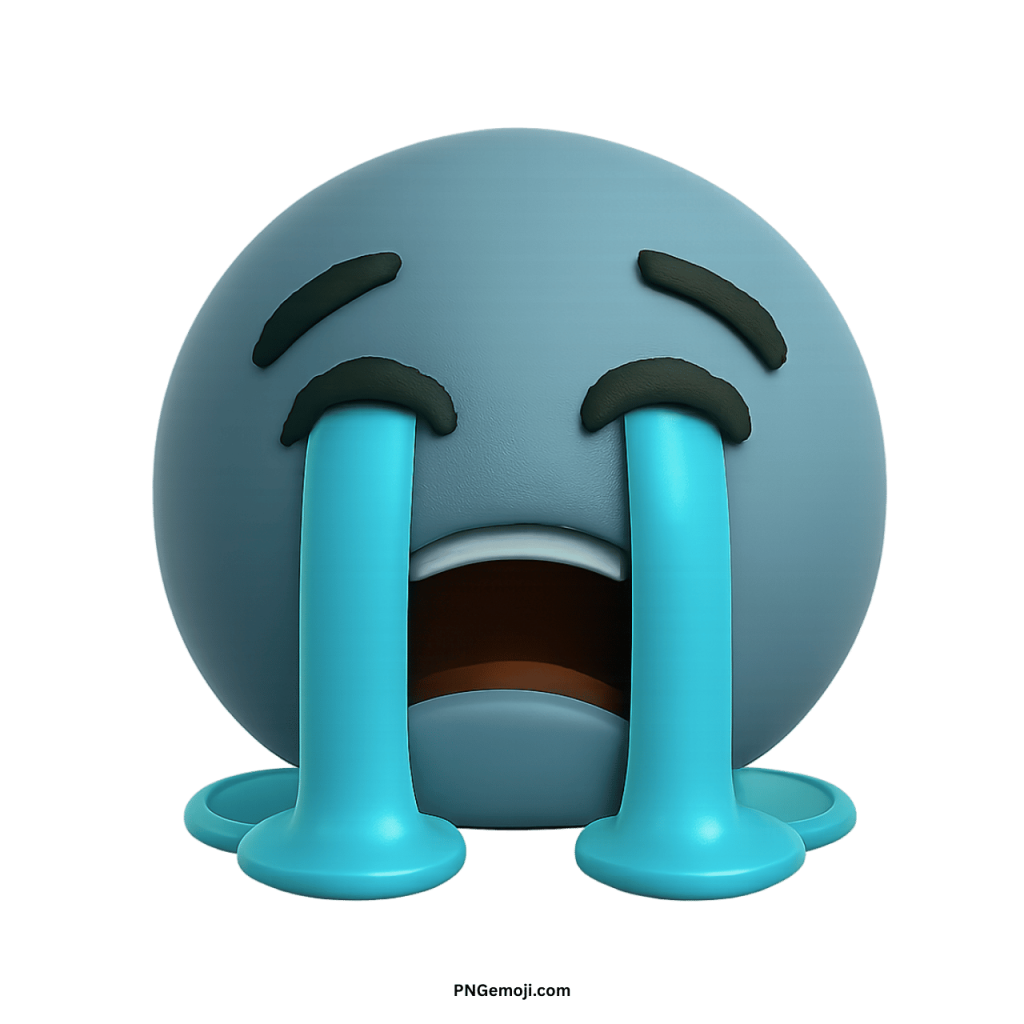 3D grey-blue crying emoji with streaming blue tears and sad expression