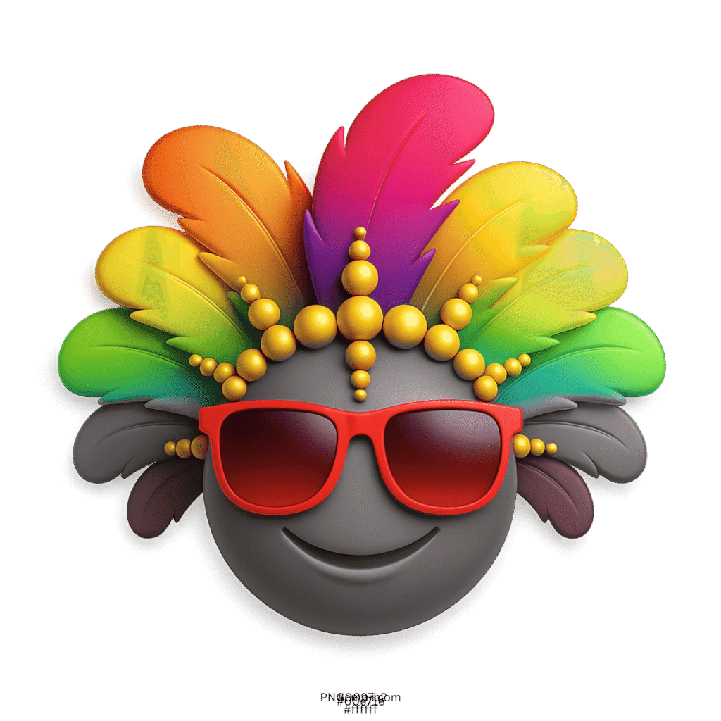 Grey carnival smiley emoji with rainbow feathers and red sunglasses crown