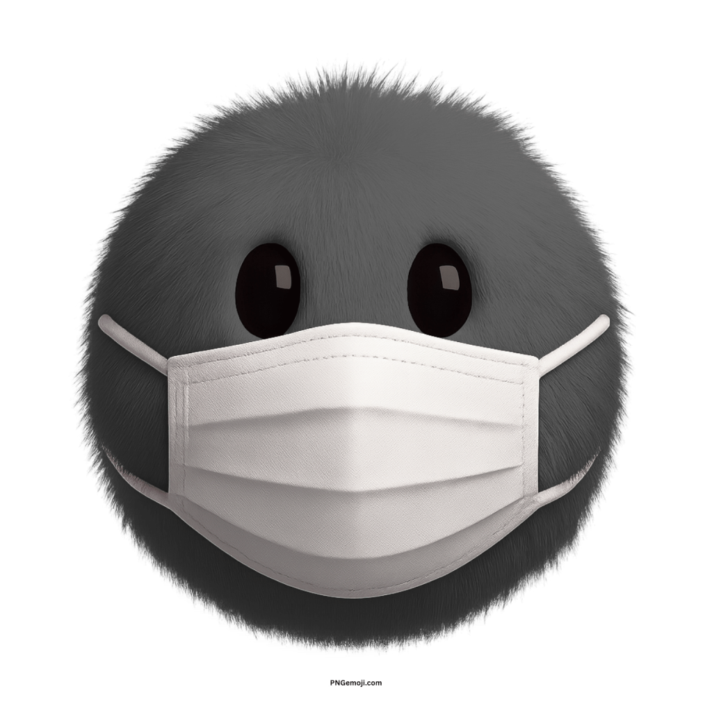 Grey furry emoji wearing a white medical face mask symbolizing safety and health protection