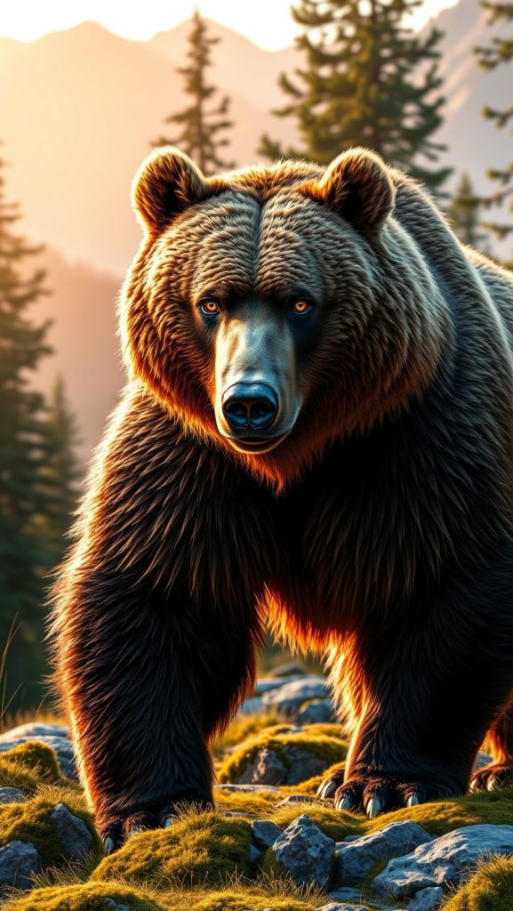 Stunning close-up of a grizzly bear in the wilderness during sunset.