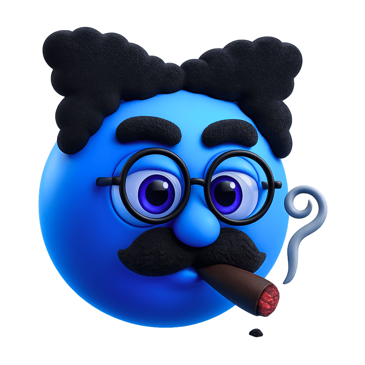 Blue Groucho Marx style emoji with glasses, thick eyebrows, curly hair and cigar