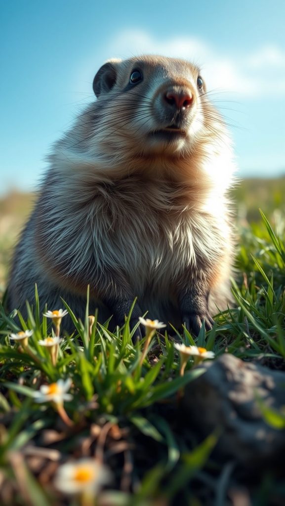 Close-up of a groundhog sitting in green grass surrounded by small white flowers